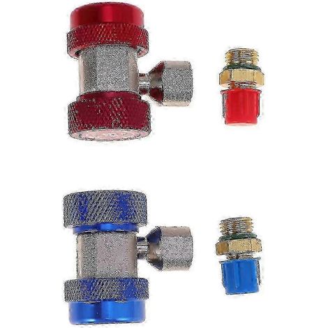 Deux adaptateurs de connexion métalliques robustes à raccordement manuel pour tuyaux de gonflage de climatisation de véhicule.
