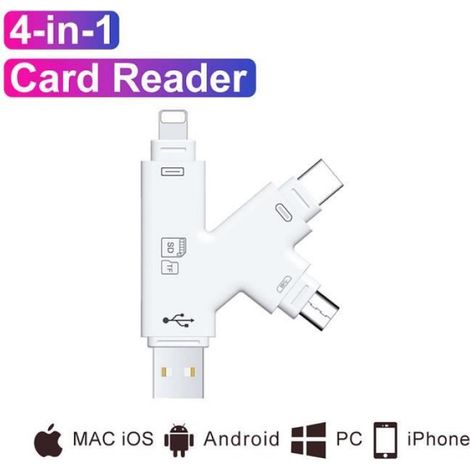 Lecteur De Cartes - 4 En 1 Micro SD TF USB C Et Micro USB - Compatible iOS Et Android - Blanc