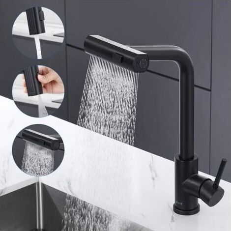 Robinet Cuisine Noir Cascade, Mitigeur Cuisine avec Douchette Extractible 3 Modes, Escamotable Rotatif à 360° en Acier Inoxydable (1/5)