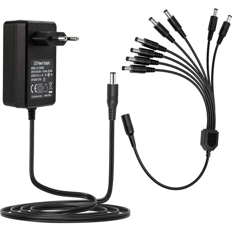 Adaptateur Secteur DC 12V 3A 2,1 mm x 5,5 mm, Adaptateur Diviseur pour Caméra de Surveillance, Enregistreur NVR DVR, Moniteur, Connecteur CC 12V + Câble de répartition en Y 1 à 8 Voies (1/5)