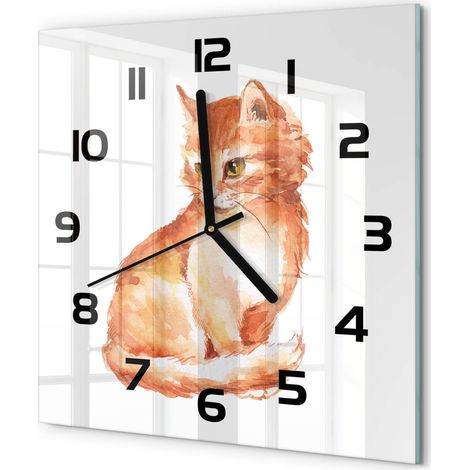 Horloge Murale Carrée Chambre Bureau Verre Silencieuse Design Moderne Élégant Chat roux 30x30 cm (1/5)