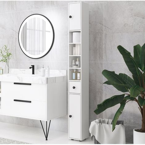 Armario de baño 20x20x180 cm blanco de madera con cajón, 4 estantes abiertos y baldas ajustables (1/5)