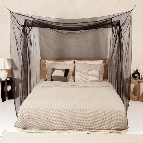 Moustiquaire pour lit double - porte simple - sac de rangement - motif décoratif rectangulaire noir, convient à la maison et aux voyages. (1/5)