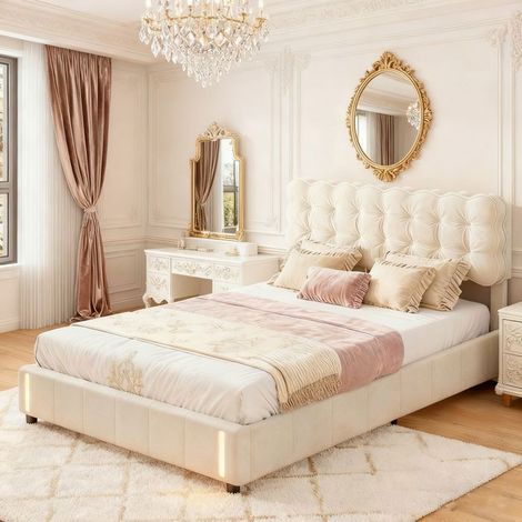 Letto contenitore - 140x190 - Velluto beige - LED integrato - Ritiro idraulico