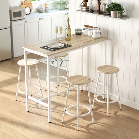 Ensemble table haute et 4 tabourets avec Repose-Pieds style moderne. structutre en métal effet bois naturel