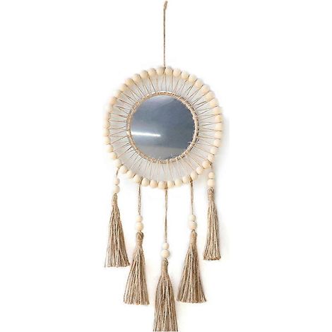 Miroir mural suspendu avec franges de perles en bois, décoration ronde faite main, style bohème antique (1/5)