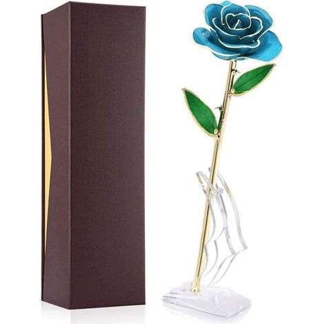 Rose à longue tige trempée dans de l'or 24 carats, présentée dans un coffret cadeau avec support (Rose bleu clair avec support) (1/5)