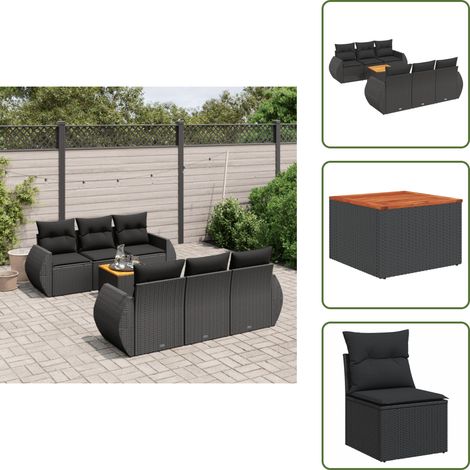 The Living Store Salon de jardin 7 pcs avec coussins noir résine tressée - Ensemble Salon De Jardin - Meuble De Jardin - Salon Extérieur - Mobilier De Jardin - Résine Tressée (1/5)