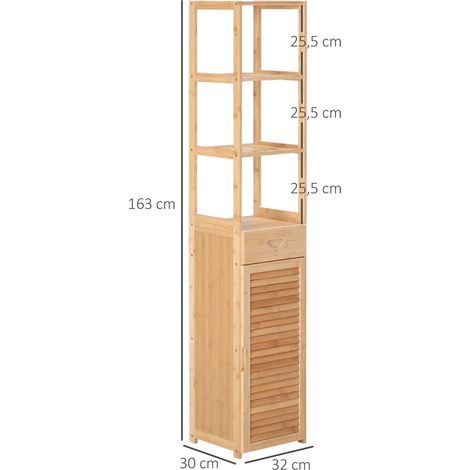 Meuble salle de bain bambou massif, rangement avec tiroir, 3 tablettes et niche ouverte, dimensions 32x30x163 cm, bois écologique. (1/5)