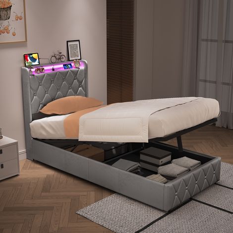 Lit coffre 90x200 lit simple rembourré avec LED USB et rangement hydraulique élégant en velours pour chambre ado adulte - Gris (1/5)