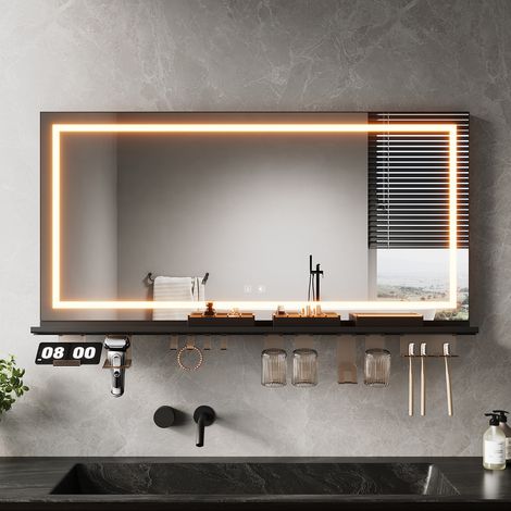 SIRHONA Anti-Fog Mirror lumineux de salle de bain with avec support de rangement noir, réglable en 3 couleurs, 120x60cm