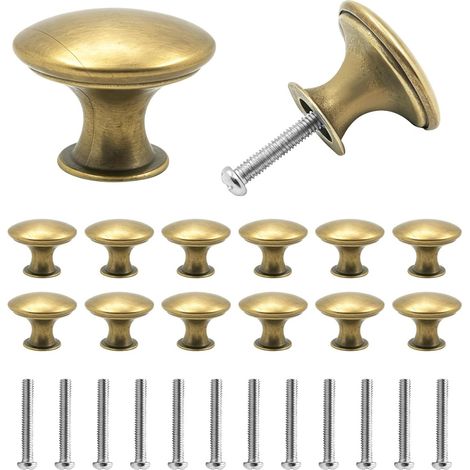 Set of 12 vintage gold-tone cabinet knobs, 30 mm, brass look, with screws (1/5)