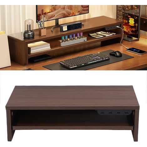 Socle de bureau multifonction avec prise AC et hub USB couleur noyer (50x20x15cm) (1/5)