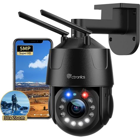 Ctronics Caméra de Surveillance WiFi Extérieure 5MP avec Zoom Optique 30X, WiFi 5/2.4GHz, Caméra PTZ Métallique avec Vision Nocturne 150M, Auto Cruise et Étanchéité IP66, Noir (1/5)