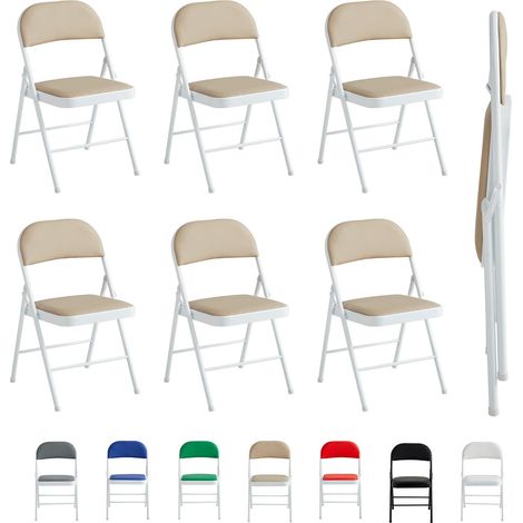 Set of 6 Faux Leather Foldable Chair with Metal Frame and Padded Seat BEIGE