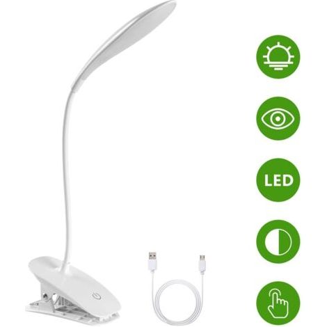 Lampe de Bureau à LED, Lampe de Lecture à Pince Rechargeable USB Câble, 3 Températures de Couleur et Luminosité Réglables pour Lit, Enfant, Lecture (1/4)
