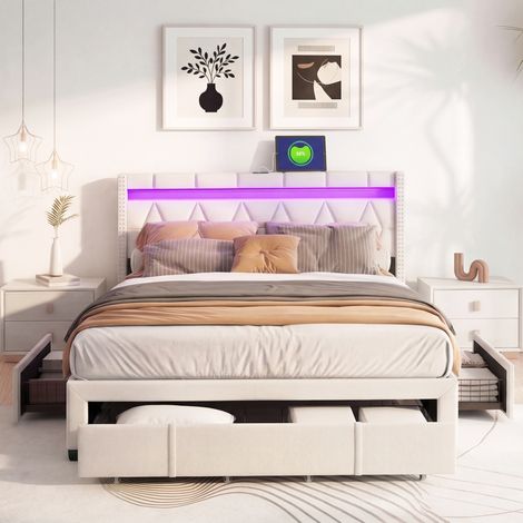 JOOKGBD- Lit 160x200 cm, Lit double tapissier avec 4 tiroirs et sommier à lattes, tête de lit réglable en hauteur avec LED et USB, Lit de rangement fonctionnel pour adolescent, Lin,Beige