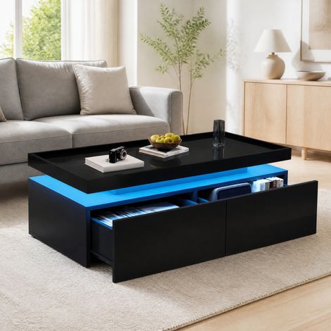 Tavolino da salotto 95x45x35 cm nero con LED, 2 cassetti e vano contenitore, truciolare MEUBLIV (1/5)
