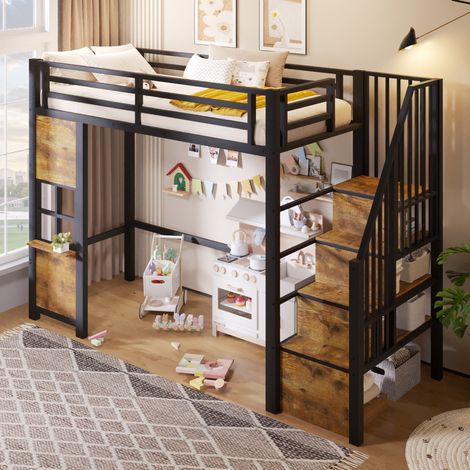 Hochbett 90x200 cm schwarz aus Metall und MDF mit Aufbewahrungsleiter, offenem Raum und Sicherheitsgeländer (1/5)