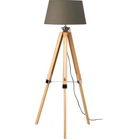 Premier Housewares Tripod Floor Lamp Pale Wood And Grey Fabric Shade With Natural Wooden Base Free Standing Lamps For Bedroom Hallways Living Room w65 x d55 x h144cm (1/2)