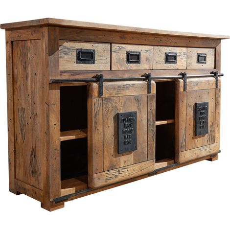 Massivmoebel24 – Buffet industriel 150x45 cm en manguier laqué – 4 tiroirs et 6 étagères – Style vintage et fer noir – Accès facile avec portes coulissantes (1/3)