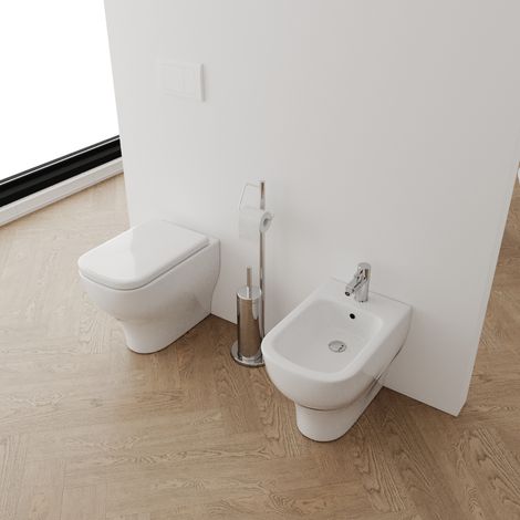 Coppia di sanitari a terra filomuro Bidet e Vaso WC in ceramica con sedile coprivaso STEFANO (1/5)