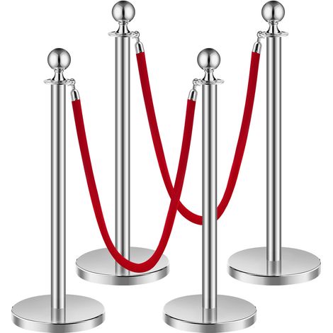 VEVOR Paletto di Sostegno, Set di 4, Barriere di Controllo della Folla con 2 Corde di Velluto Rosso, Coda di Palo di Sostegno in Acciaio Inox Argentato da 1,5 m con Base Cava per Festa, Matrimonio