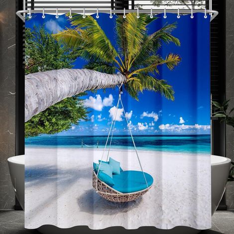 Duschvorhang 240x200cm Strand Muster Wasserabweisend Polyester 16 Ösen Haken (1/5)