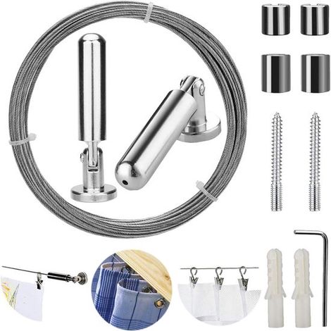 Juego de barra para cortinas de pared - acero inoxidable - para colgar cuadros - tendedero - cortinas - almacenamiento manual - 5 m (1/5)