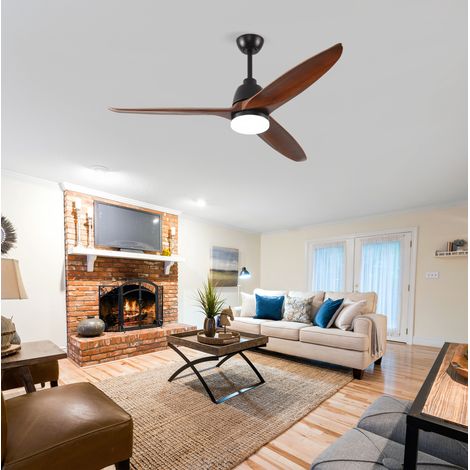 Deckenventilator 132 cm schwarz/dunkel nussbaum aus Metall und Holz mit LED-Leuchte, leisem DC-Motor und Umkehrfunktion (1/5)