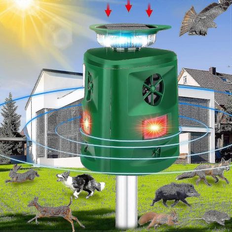 Répulsif anti-chats d'extérieur - Répulsif solaire ultrasonique 360° avec détecteur de mouvement et lumière LED, 5 modes, étanche (1/5)