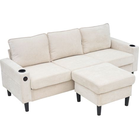 Canapé d’Angle Réversible 3 Places en Lin avec Pouf Mobile, 2 Porte-Gobelets, 2 Ports USB et Type-C, Beige (1/5)