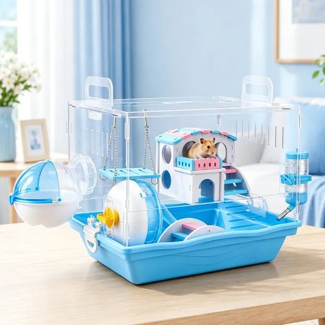 Cage double étage en acrylique transparent 37x33x28 cm, habitat hamster avec accessoires complets, pour hamster, souris et gerbille (1/5)