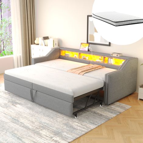 Canapé-lit extensible 90/180x200 cm gris claro en tejido efecto lino con LED, USB y 2 colchones (1/5)