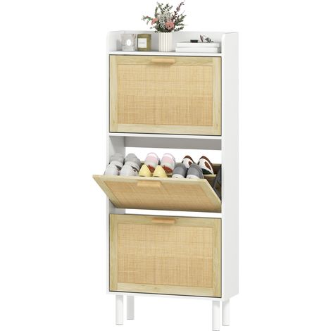 Schuhschrank mit 3 Klapptüren und Einlegeboden, Kunstharzgewebe, Bohème-Design, weiß, 65 x 24,5 x 153 cm