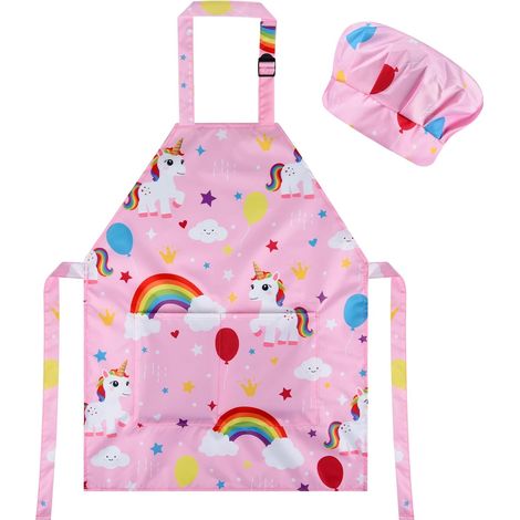 CHRORINE Ensemble tablier de chef et toque de chef pour enfants filles et garçons pour la cuisine, la pâtisserie, l'art de la peinture (1/5)