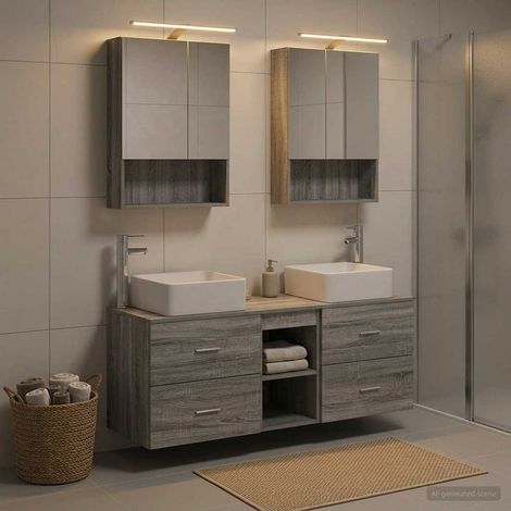Ensemble meuble salle de bain 5 pièces Sonoma gris avec miroir LED USB, lavabo, robinet, rangement mural en bois d’ingénierie (1/5)