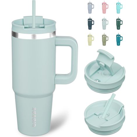 Gobelet isotherme de 900 ml avec poignée et paille en acier inoxydable, bleu brume (1/5)