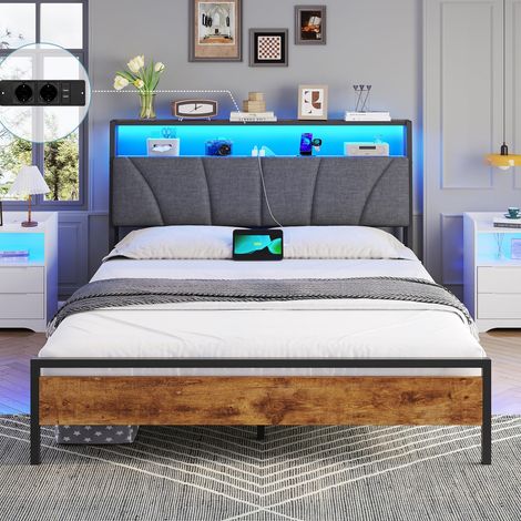 Cadre de Lit 140 x 190 avec Sommier en Métal, Lit 2 Personnes avec Lumières LED, Multiprise(2 Prises AC,2 Ports USB) lit Double 140x190 avec Rangement, Facile à Assembler, Marron Vintage&Gris (1/5)