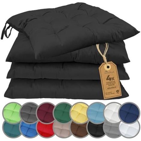 ALLIANDISLot de 4 Galettes de Chaises avec Rubans 40x40 cm – Coussin de Chaise Épais pour Intérieur & Jardin – Couleur Noir (1/5)