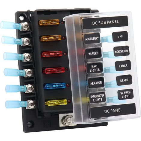 Porte-fusible 12 voies avec voyant de court-circuit, 16 pieces de fusibles ordinaires + 14 cosses a anneau pour tube thermoretractable -
