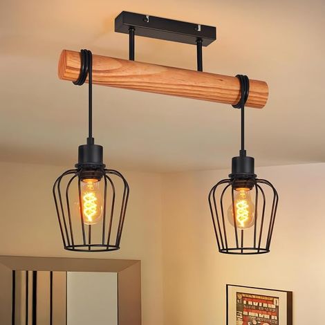 GBLY Plafón E27 Vintage Madera Negra 2 Flamas Diseño Industrial Retro Metal Casquillo Cocina Salón Pasillo Comedor Sin Bombilla (1/5)