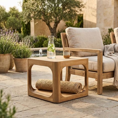 Naturel Mesa auxiliar de jardín de teca maciza, 50x50x40 cm, dos tableros y esquina redondeada, hecha a mano (NATOFTB5050S)