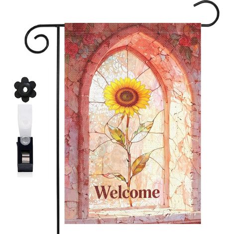 Drapeau de jardin Welcome et composition de vitrail et fleurs 30 x 45 cm décoration porche et entrée (1/5)