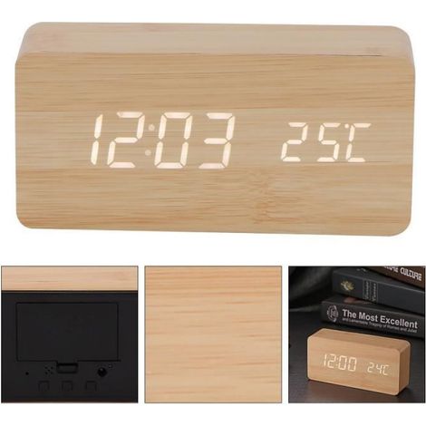 Horloge Led Bois - Affichage Double - Date Heure Température - Alimentation USB ou Piles AAA - Style Moderne Rectangle - 1 Pièce (1/4)
