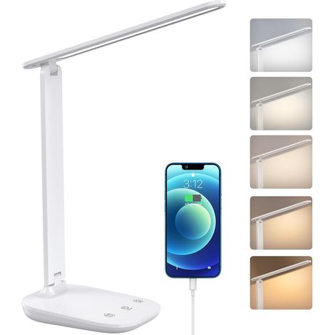 Lampe de Bureau LED, Lampe Bureau LED avec 5 Modes de Couleur et Gradation en Continu, Lampe Led Bureau Attentionnée pour Les Yeux, Lampe de Bureau avec Port USB et Fonction Mémoire (1/5)