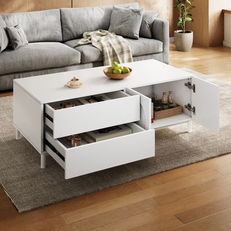 Table basse rangement rectangulaire pour salon, meuble TV avec portes cintrées, table en panneaux aggloméré et MDF, pieds acier, rangement pratique, idéale séjour (1/5)