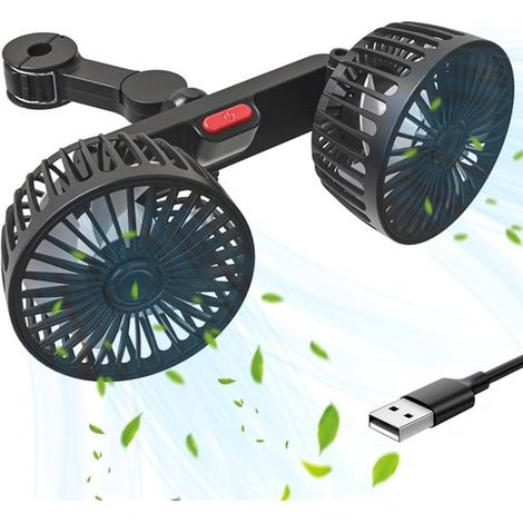 Ventilador para coche，ventilador USB，5 V，2 A，con 3 velocidades，para asientos traseros，giratorio 360 grados，ventilador con dos cabezales