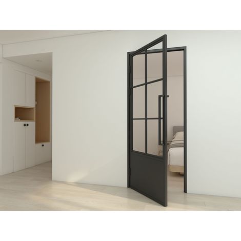 Porte verrière intérieure 93 x 204 cm, bloc porte Loft, verre transparent, style atelier soubassement noir 6 fenêtres, ouverture tirant gauche