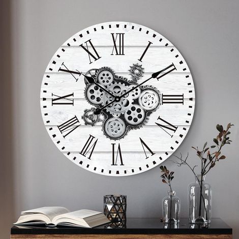 Horloge Murale Engrenages Mobiles Geante 57cm, Industrielle Bois Vintage Blanc Pendule Murale Steampunk Design Chiffres Romains pour Salon Cuisine Bar Bureau (1/5)